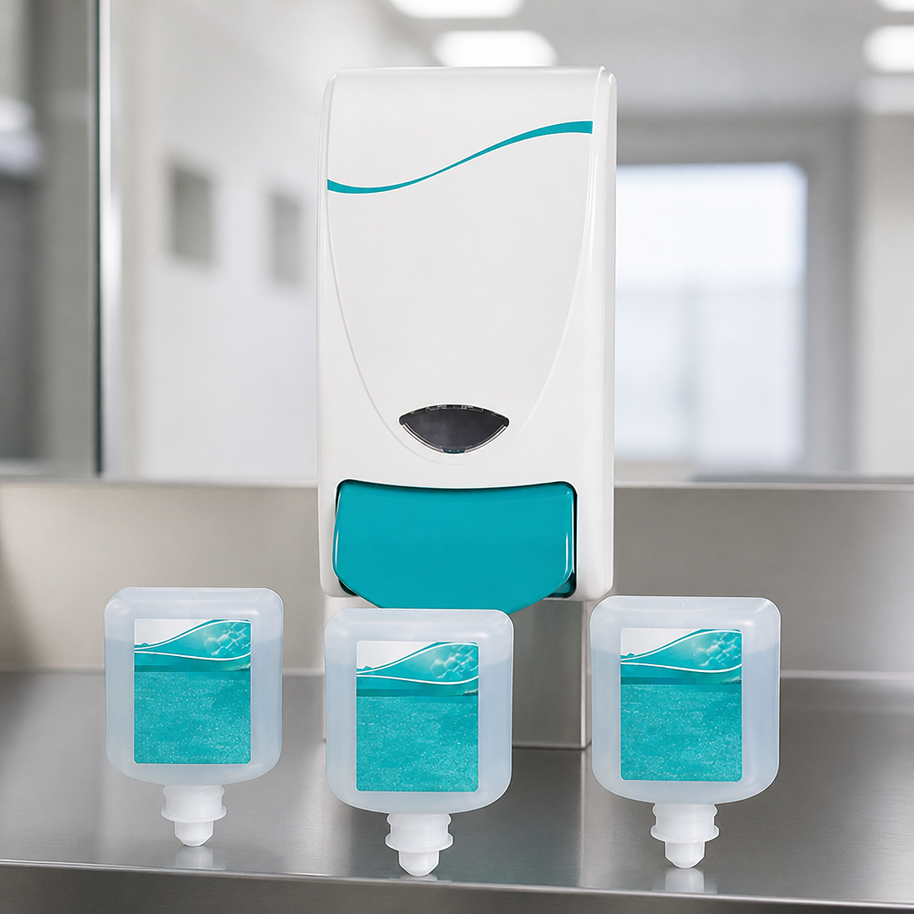 Commercial soap dispenser with 3 antibacterial foam soaps 1Ltr