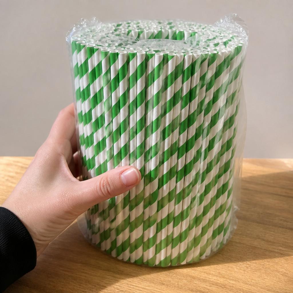 Compostable Paper Smoothie Straws Green Stripes 250 Pack