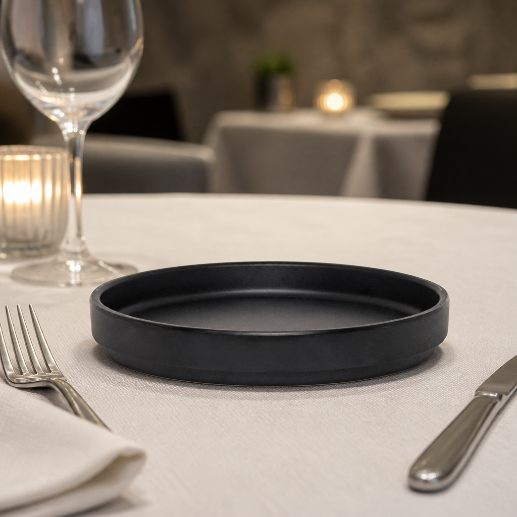 Commercial stackable black plates 159mm diameter 6 pack