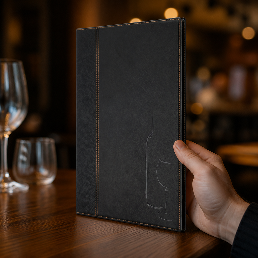 Commercial Wine List Cover Black Menu Card 4 Sides