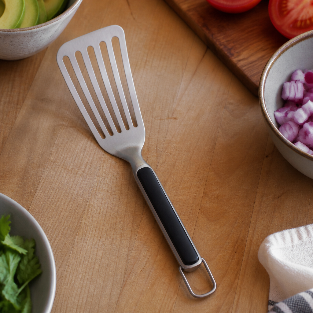 Commercial stainless steel grilling turner with non-slip grip