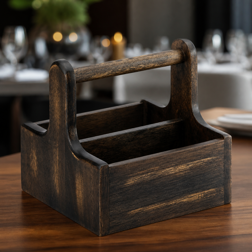 Pack of two black wooden condiment holder caddies
