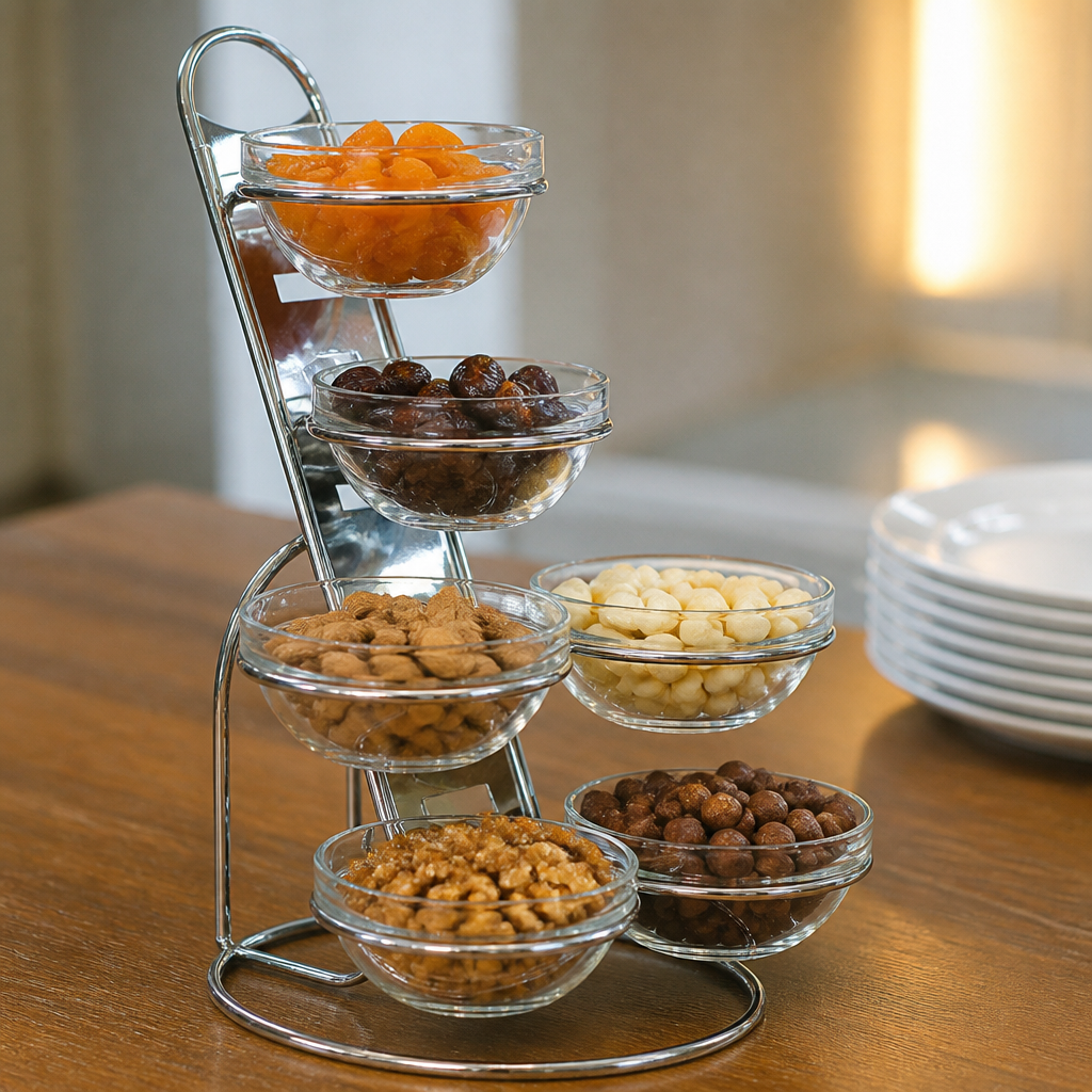 Commercial display ladder set with six bowls and rings