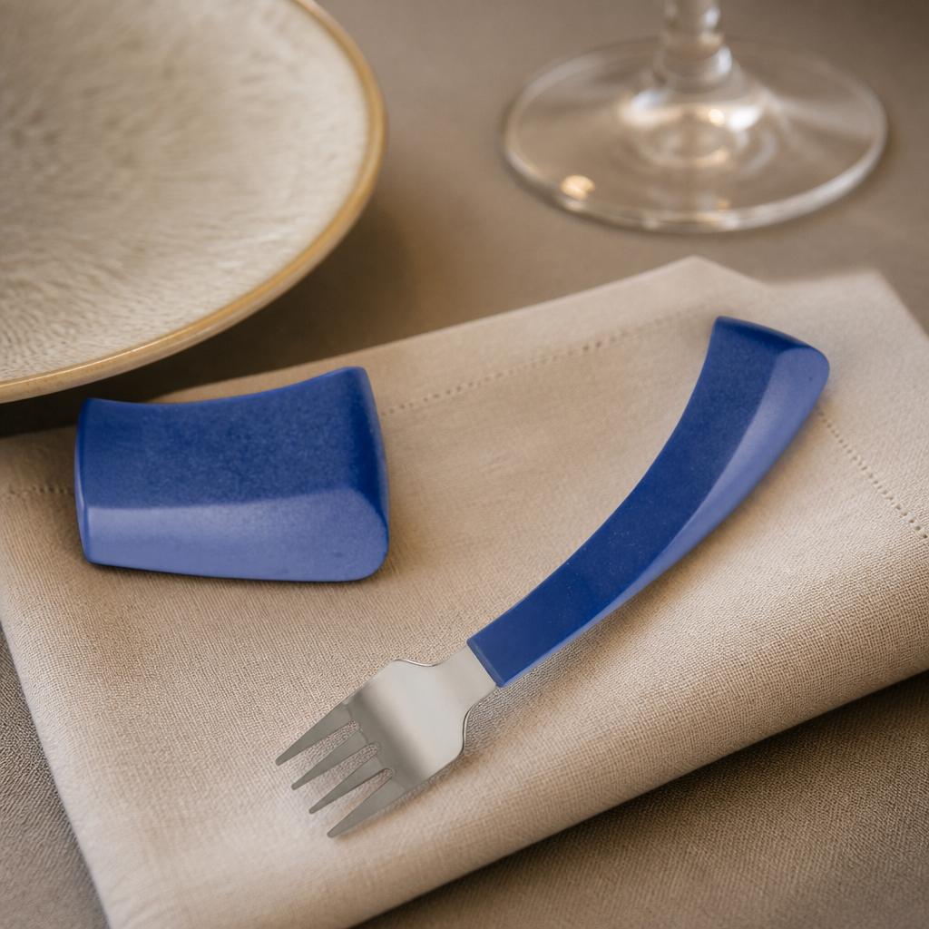 Commercial left hand forks with blue polypropylene handles, 12 pack