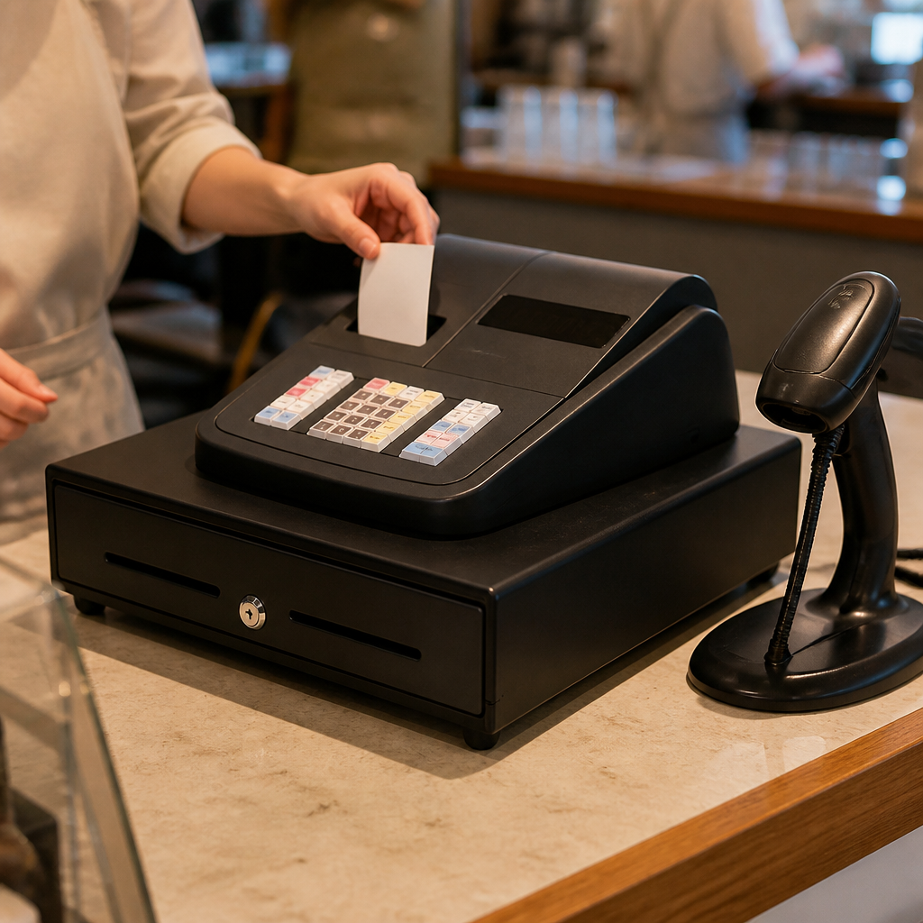 Commercial cash register with barcode scanner compatibility
