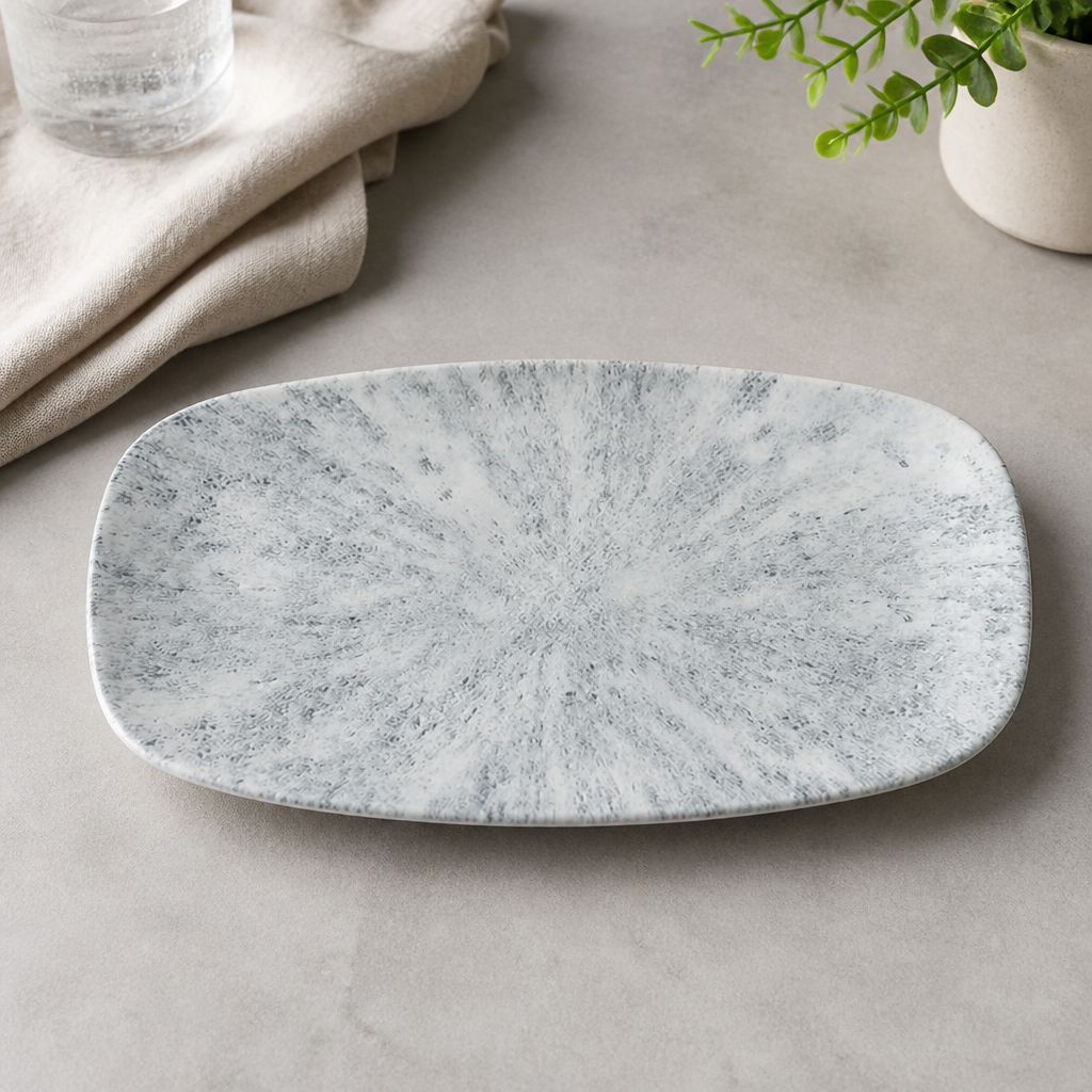 Commercial oblong plates 13 7/8" x 7 3/8" in pearl grey, 6 pack.