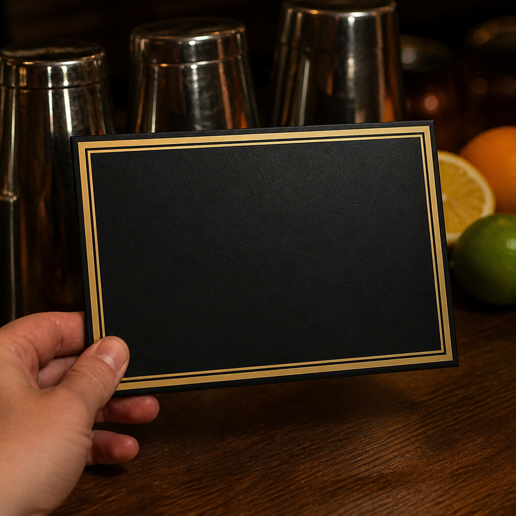 Commercial bar signage for gin, rum, vodka, and whisky