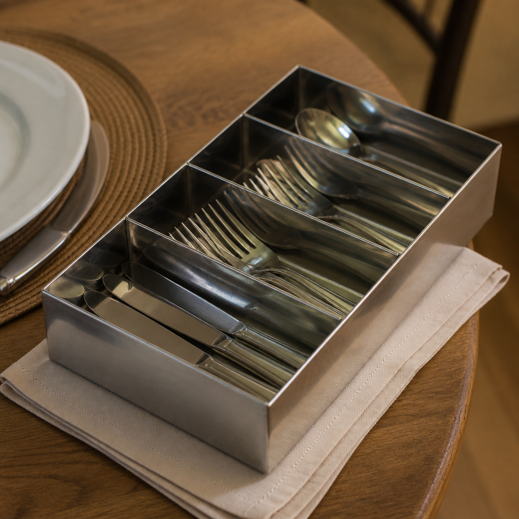 Commercial stainless steel cutlery holder with four compartments