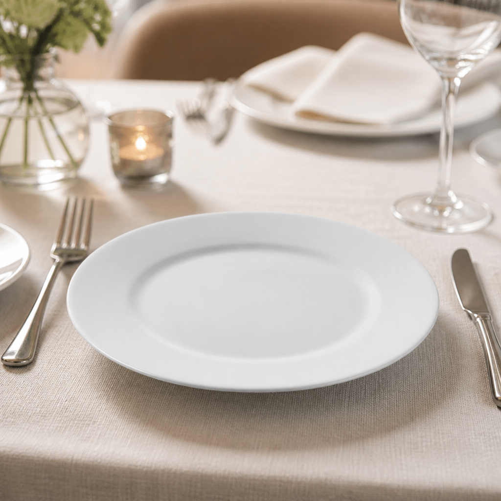 Wide Rimmed Plates 230mm 12 Pack for elegant catering presentation