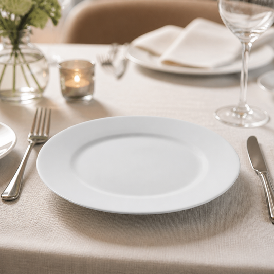 Wide Rimmed Plates 230mm 12 Pack for elegant catering presentation