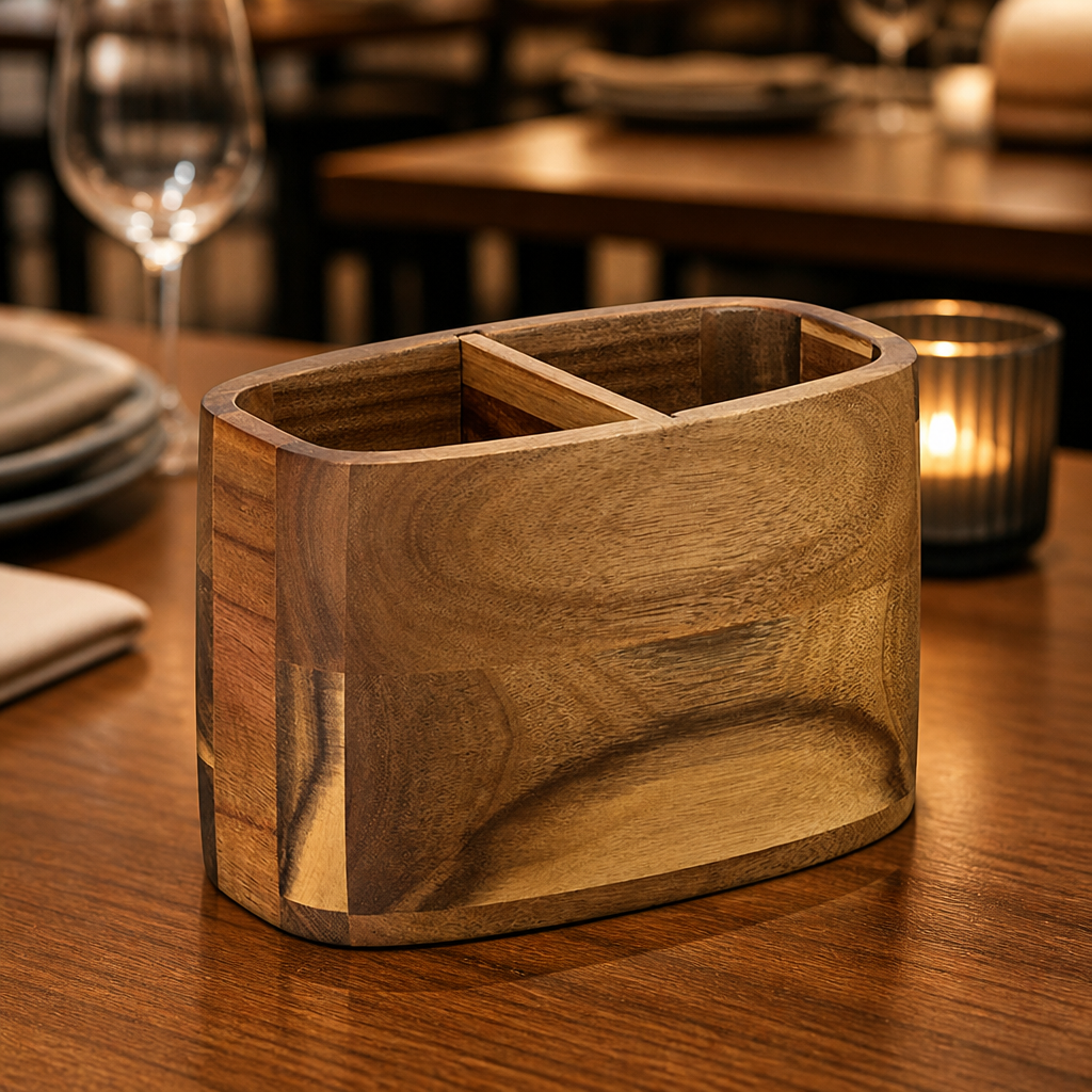 Commercial Acacia Wood Condiment Holder Caddy 2 Compartment