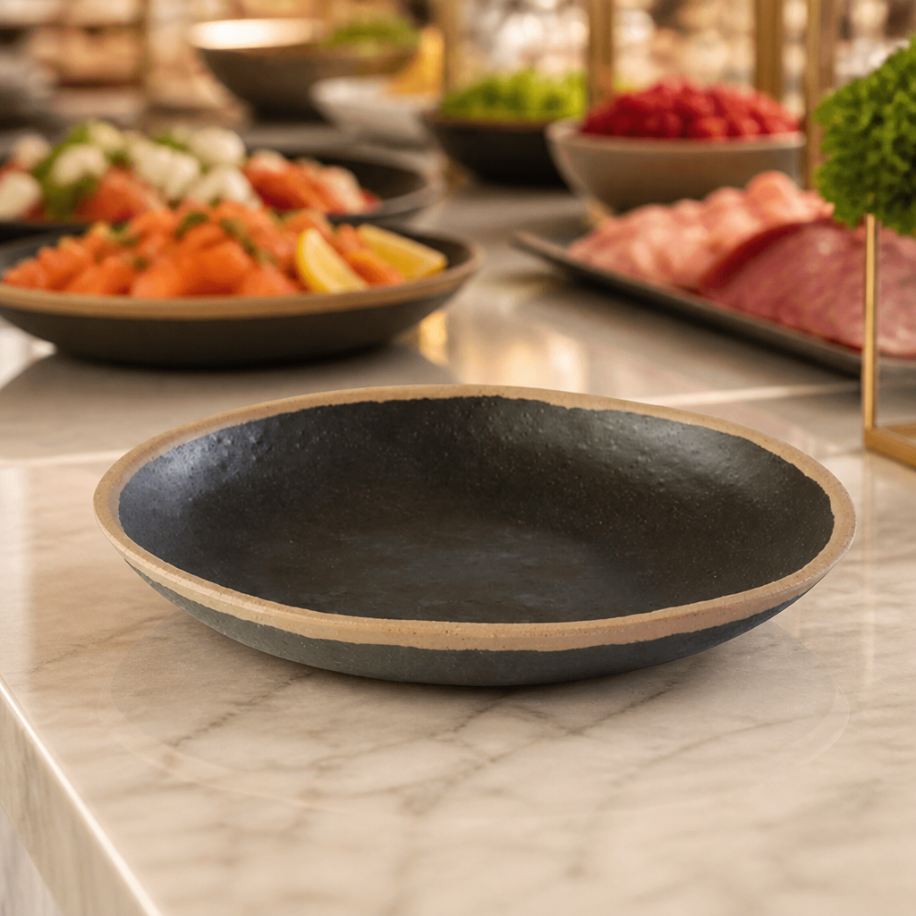 Commercial brown dessert plate 205mm with sand-coloured rim