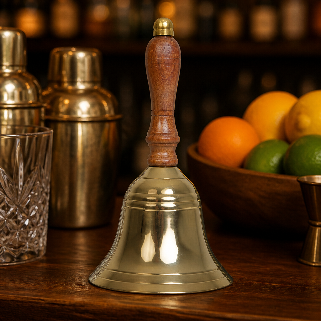 Brass Service Bell with Wooden Handle for pub and cellar use