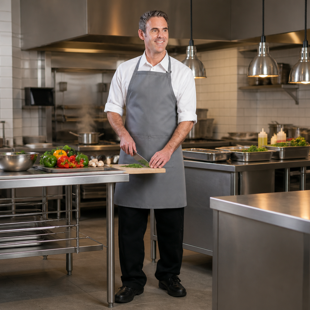 Commercial grey bib apron for staff uniforms 610mm x 860mm
