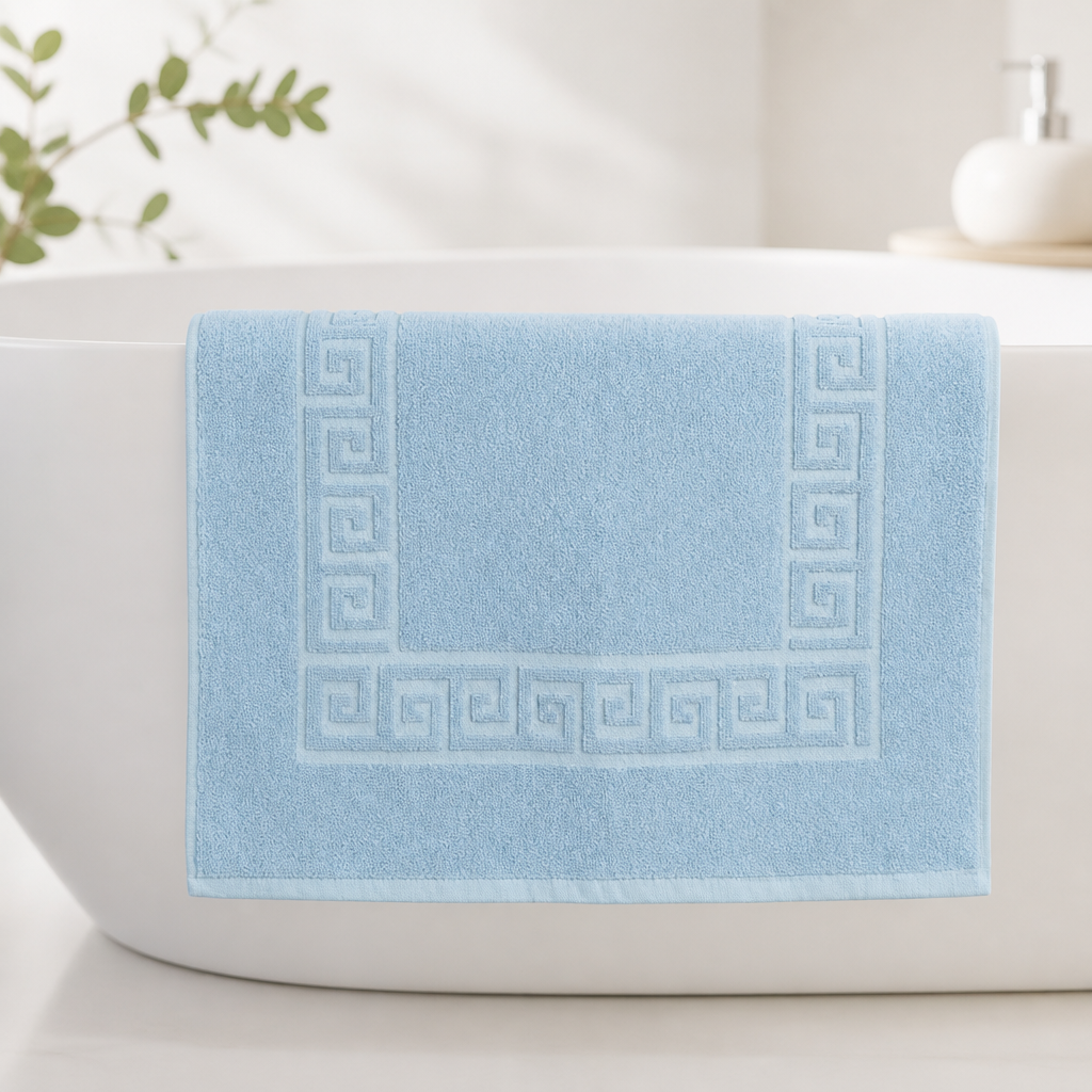 Non-Slip Blue Cotton Bath Mat 700gsm Grecian Key Design