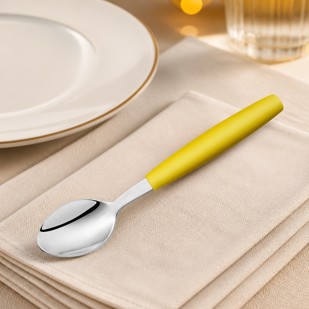 Commercial dessert spoons with yellow handles, 12 pack, 170mm