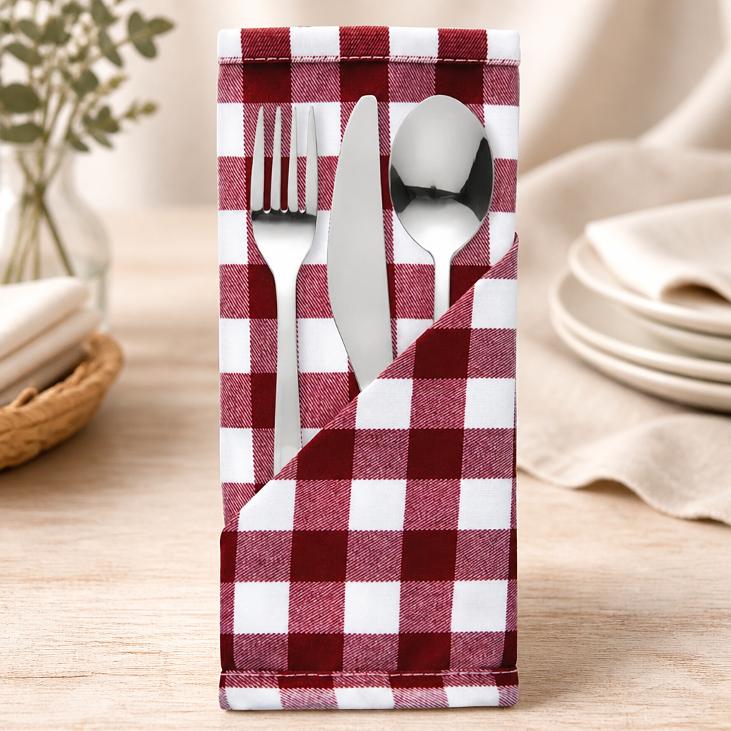 Commercial Gingham Polyester Napkins Red Check 10 Pack