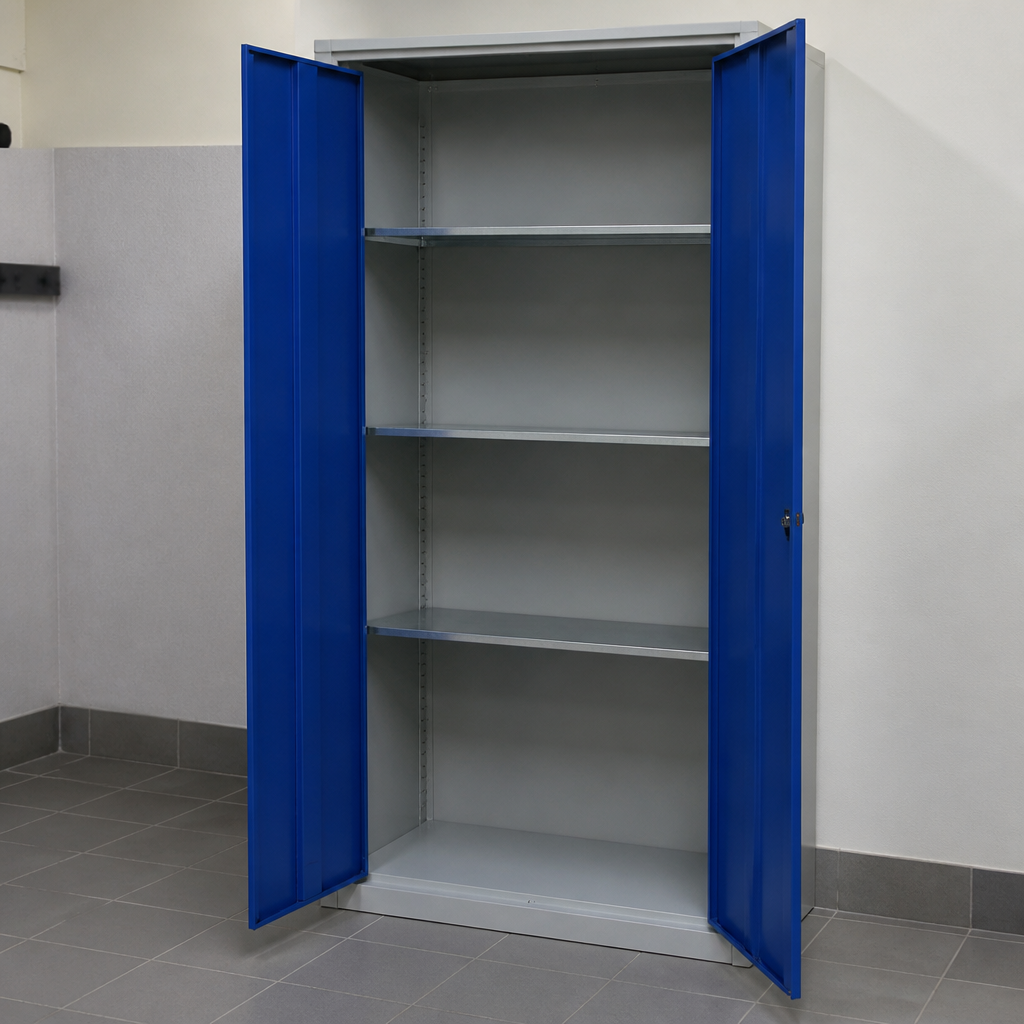 Commercial lockable cupboard with 3 shelves and blue doors