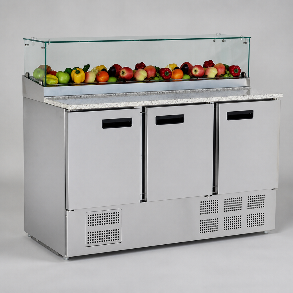 Commercial 3 Door Pizza Prep Counter 444Ltr with Glass Guard