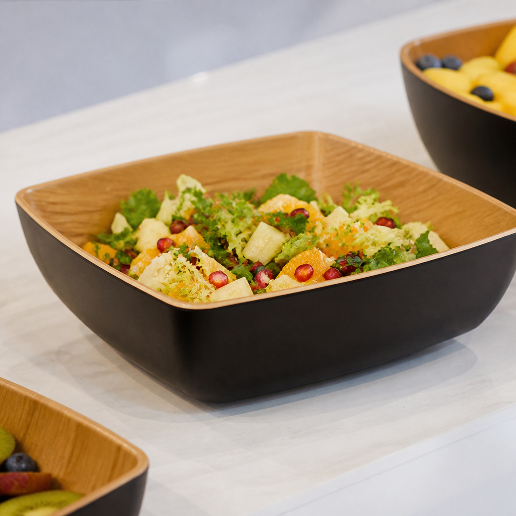 250mm Black Commercial Serving Bowl with Wood-Effect Interior
