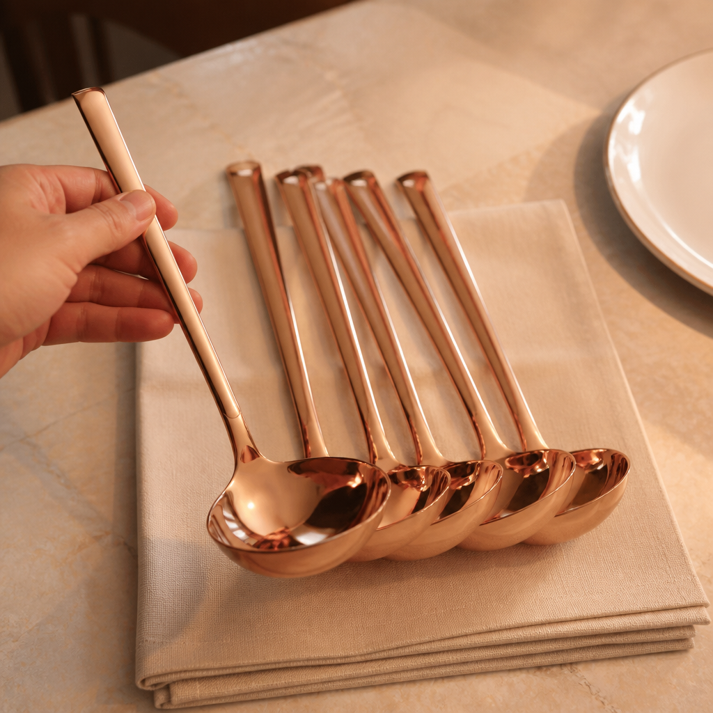 Set of 6 stainless steel soup ladles with copper finish