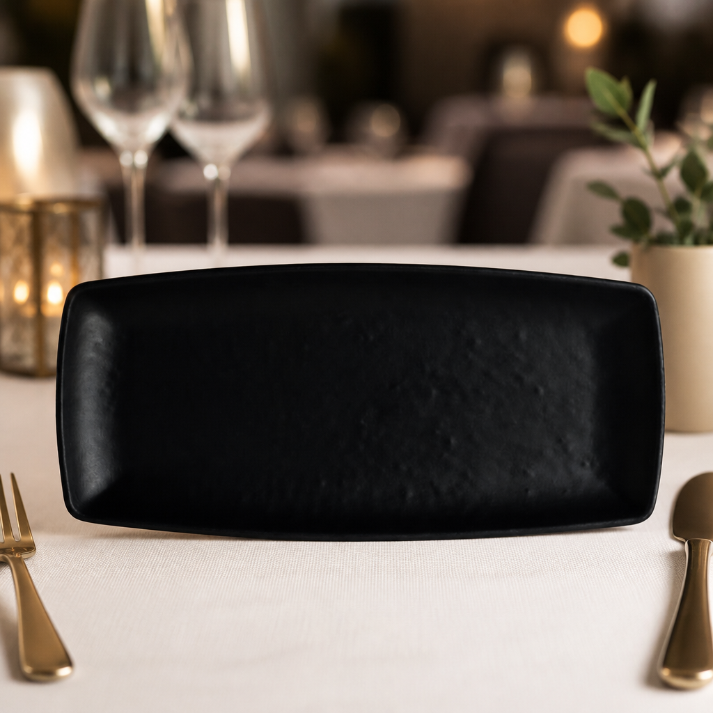 Commercial black rectangular serving plates 241x110mm 12 pack
