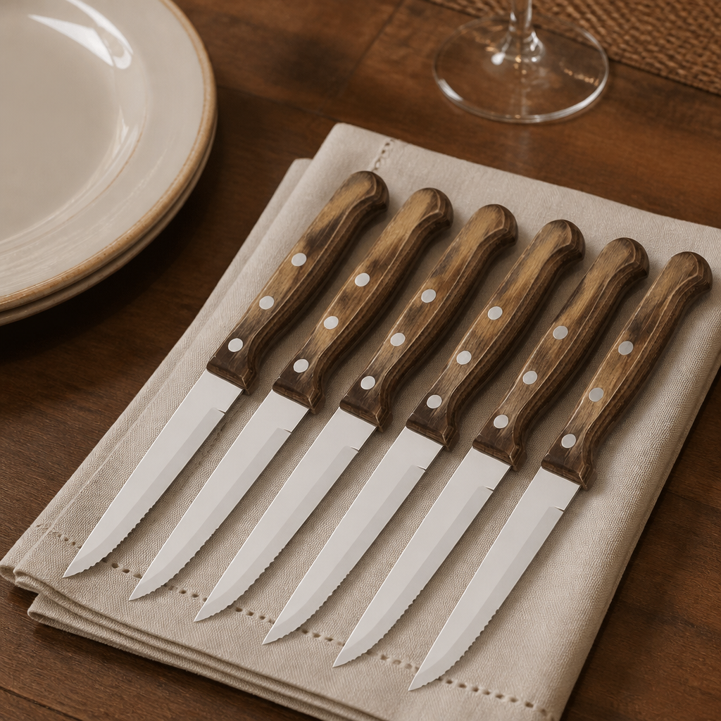 Set of 6 commercial steak knives with serrated blades