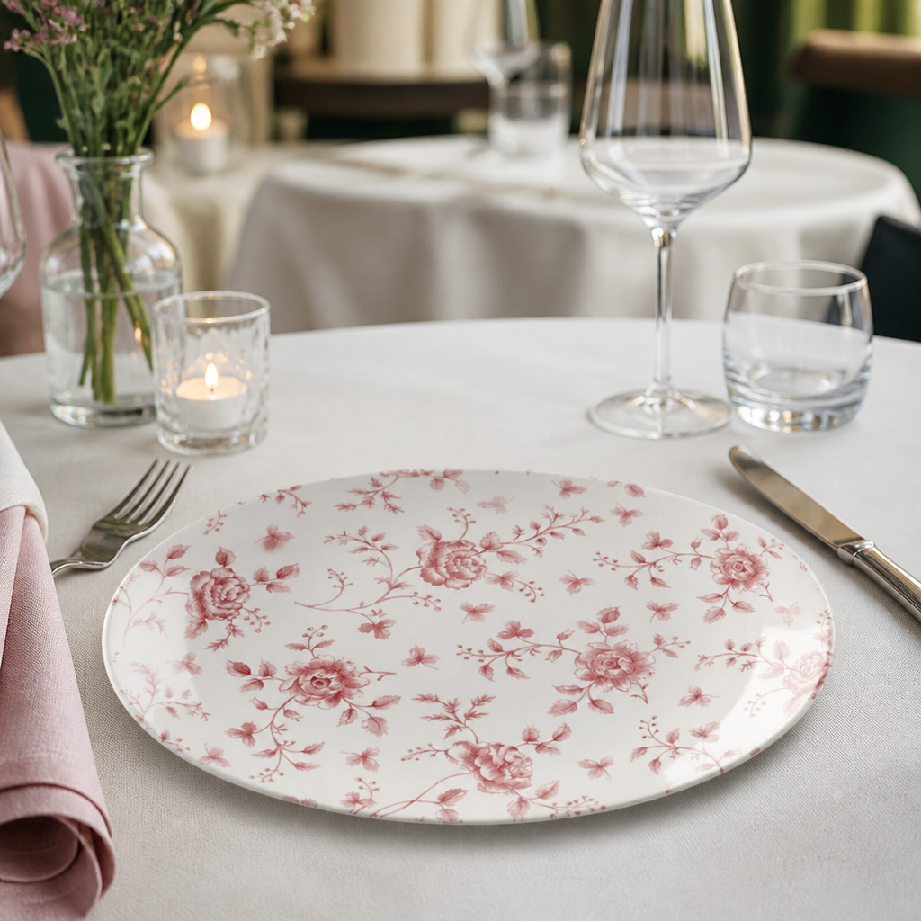 Commercial Vintage Prints Oval Plates Cranberry Rose 315mm 6 Pack