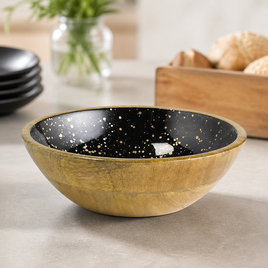 1.1Ltr Commercial Wooden Bowl Black and Gold 240mm Ø