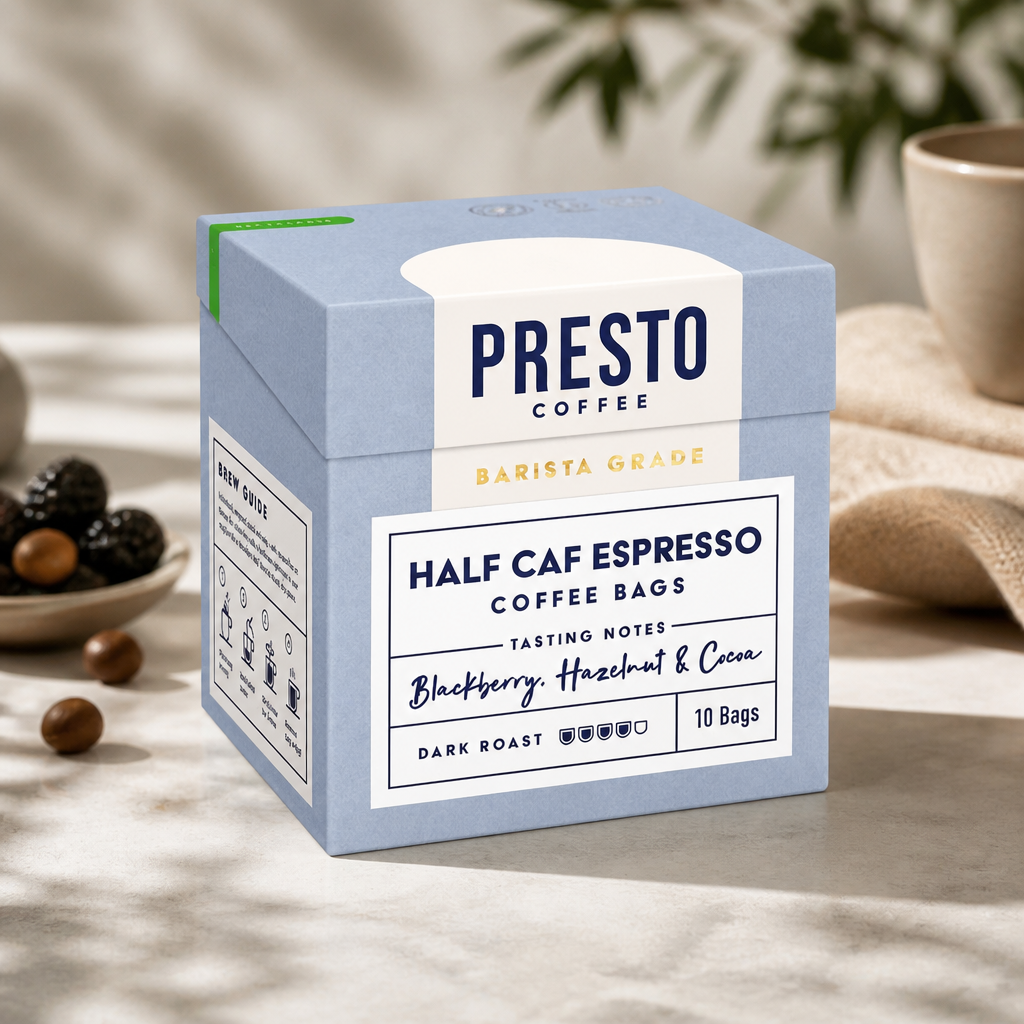 Commercial Half Caff Espresso Coffee Bags 8g 10 Pack