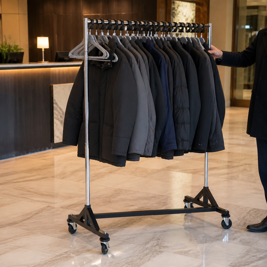 Commercial garment rail with 20 hangers and heavy-duty wheels