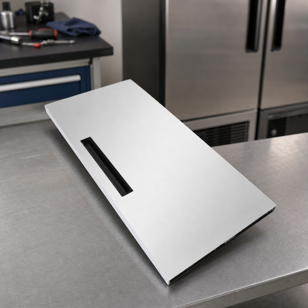 Commercial upright fridge door with moulded handle