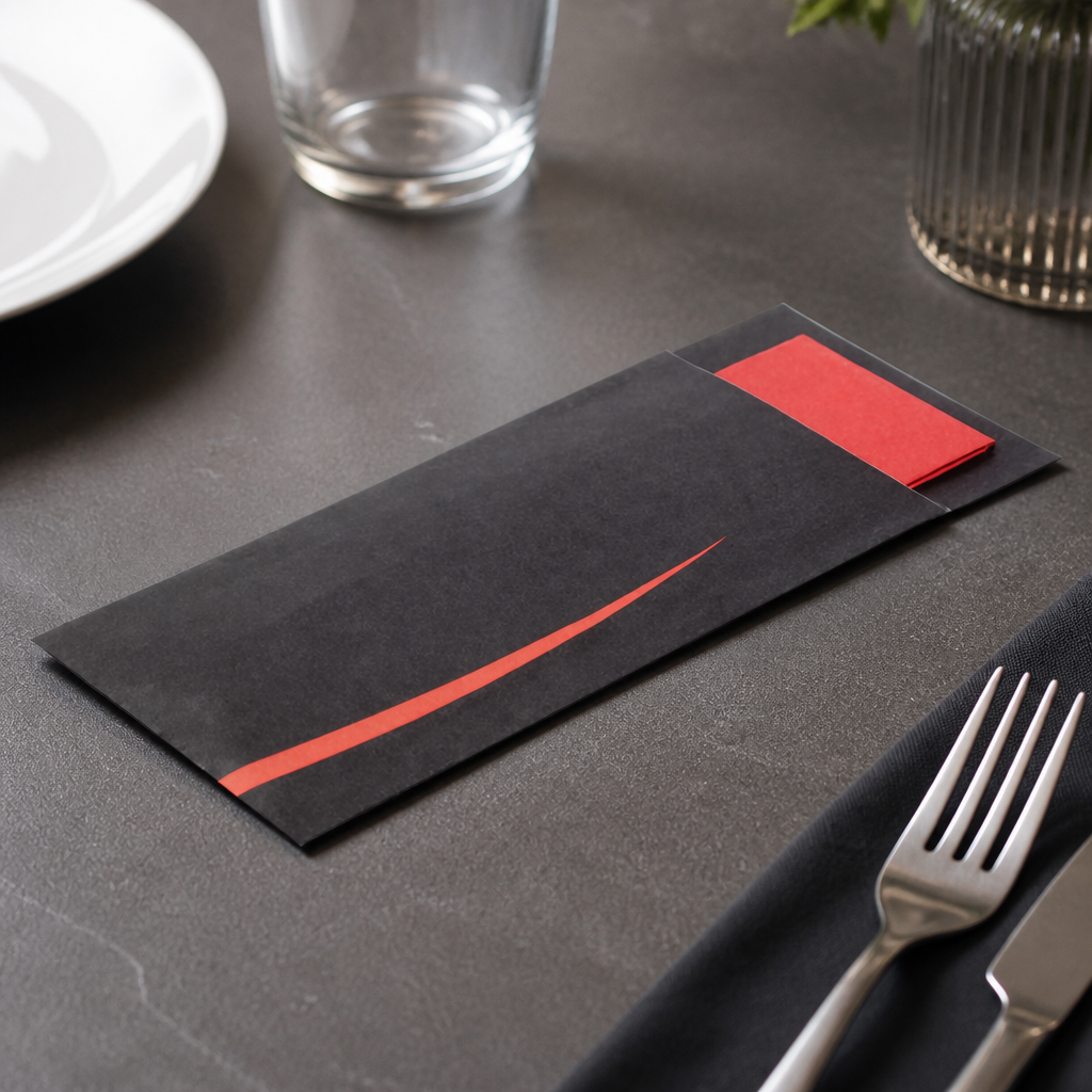 Commercial Cutlery Pouches with Napkin - 100 Pack Black Red