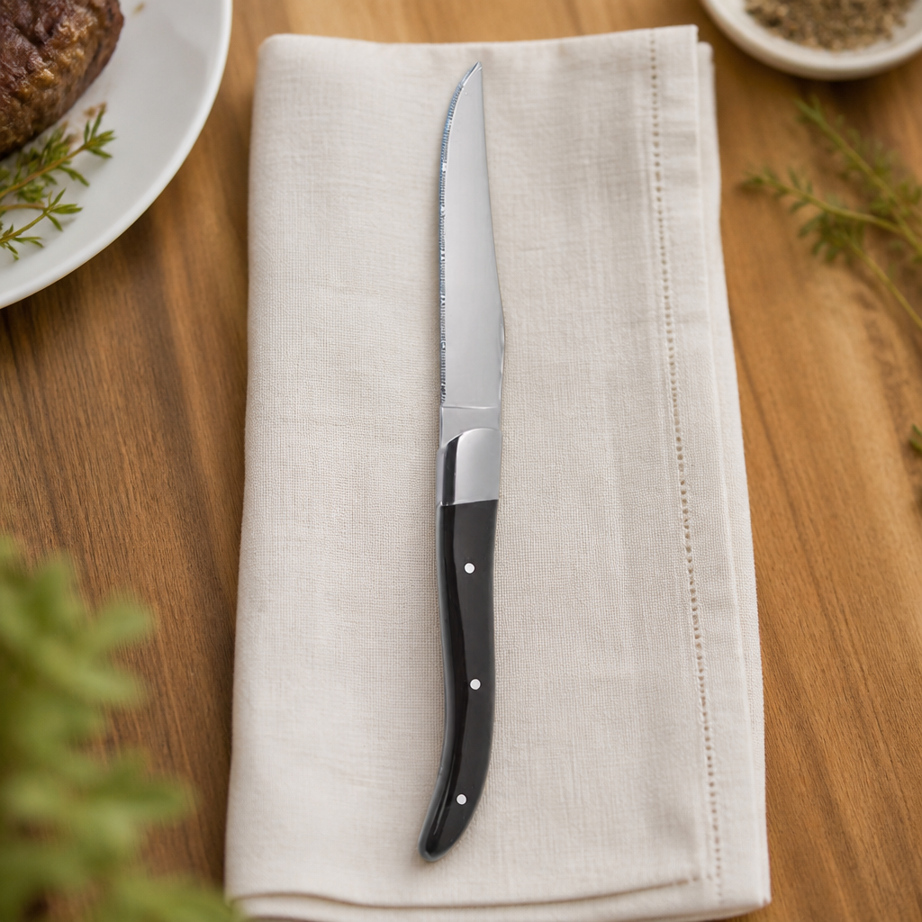Commercial Steak Knives Set of 6 - Durable Black Acrylic Handles