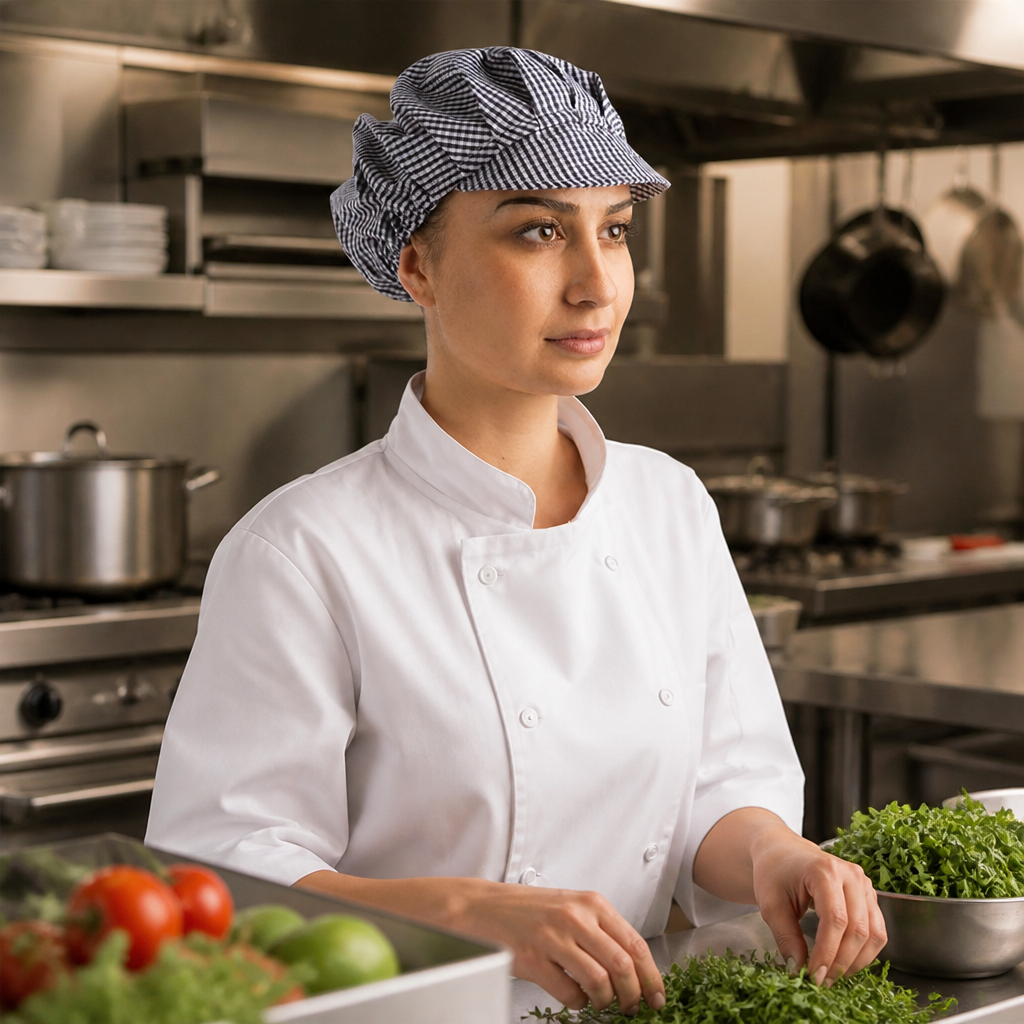 Unisex Cotton Chef Hat in Blue & Check for catering staff