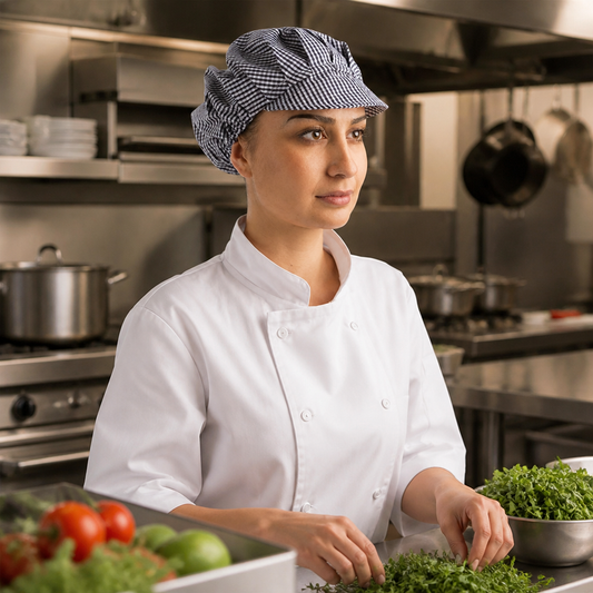 Unisex Cotton Chef Hat Blue & Check for Catering Staff