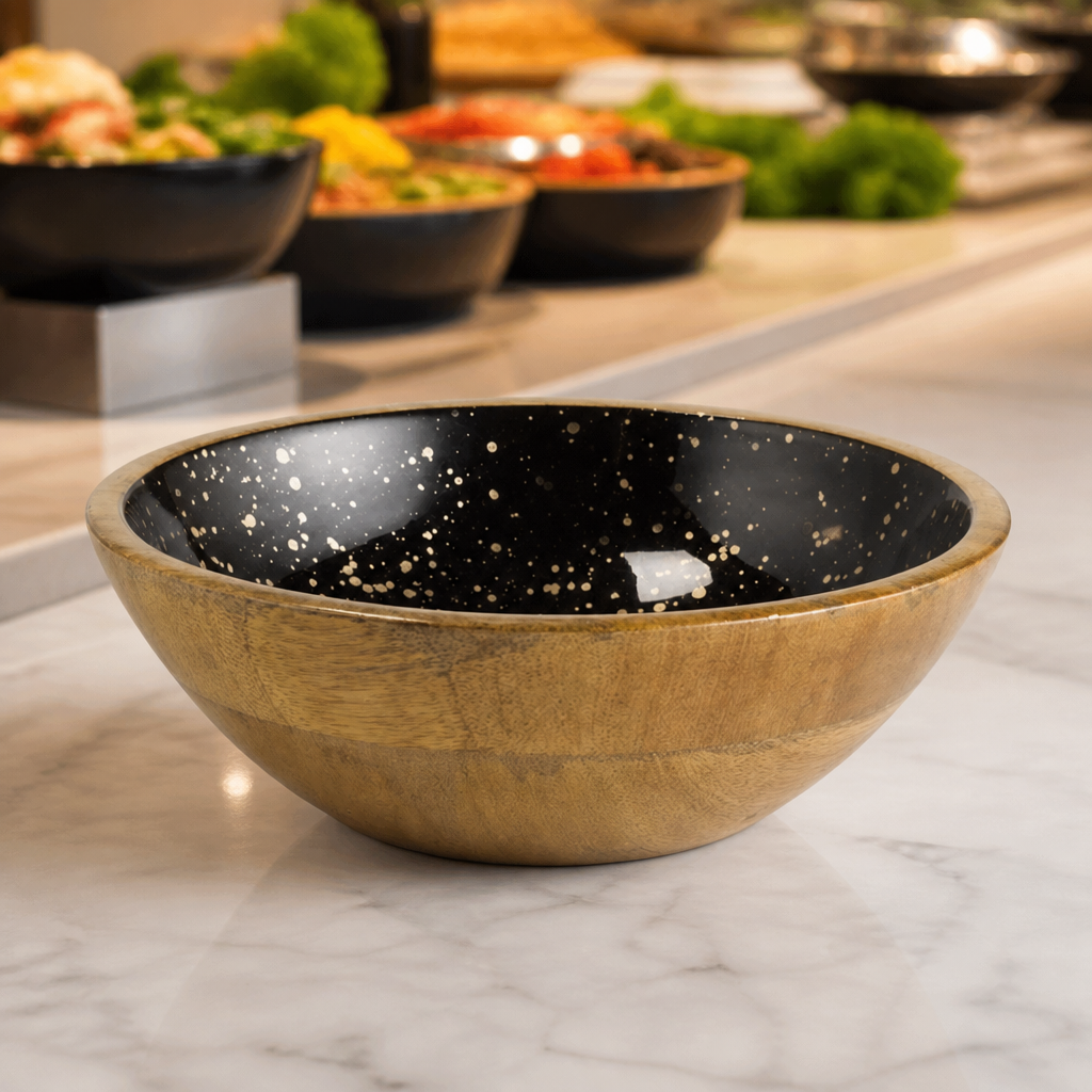 1.1Ltr Commercial Wooden Bowl Black and Gold 240mm Ø