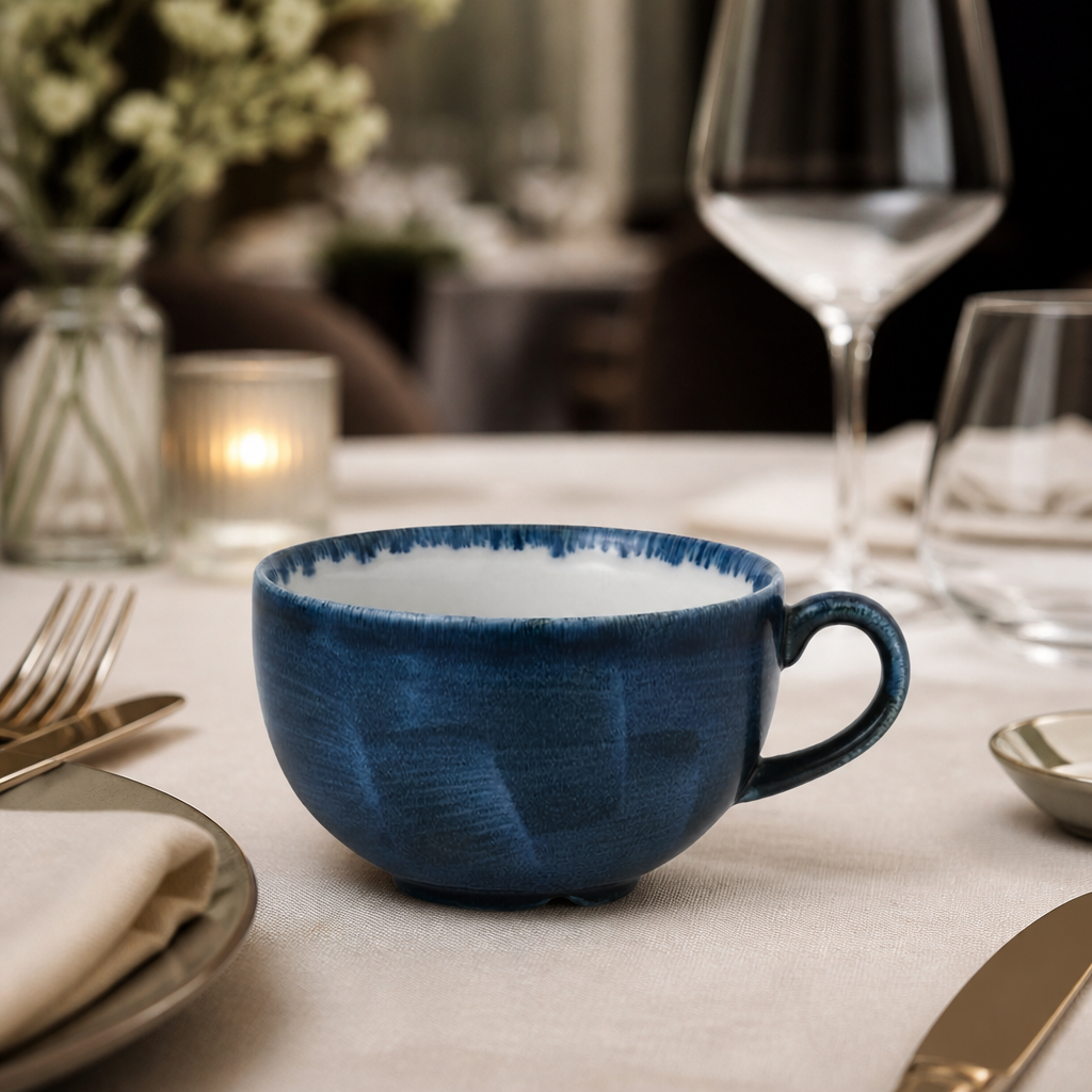 Commercial 12oz porcelain cappuccino cups in blue, pack of 12