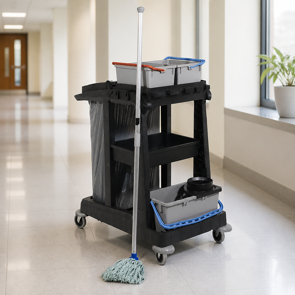Compact Commercial Cleaning Trolley with Mop Kit Accessories