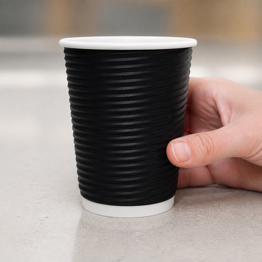 340ml Disposable Coffee Cups Ripple Wall Black 500 Pack