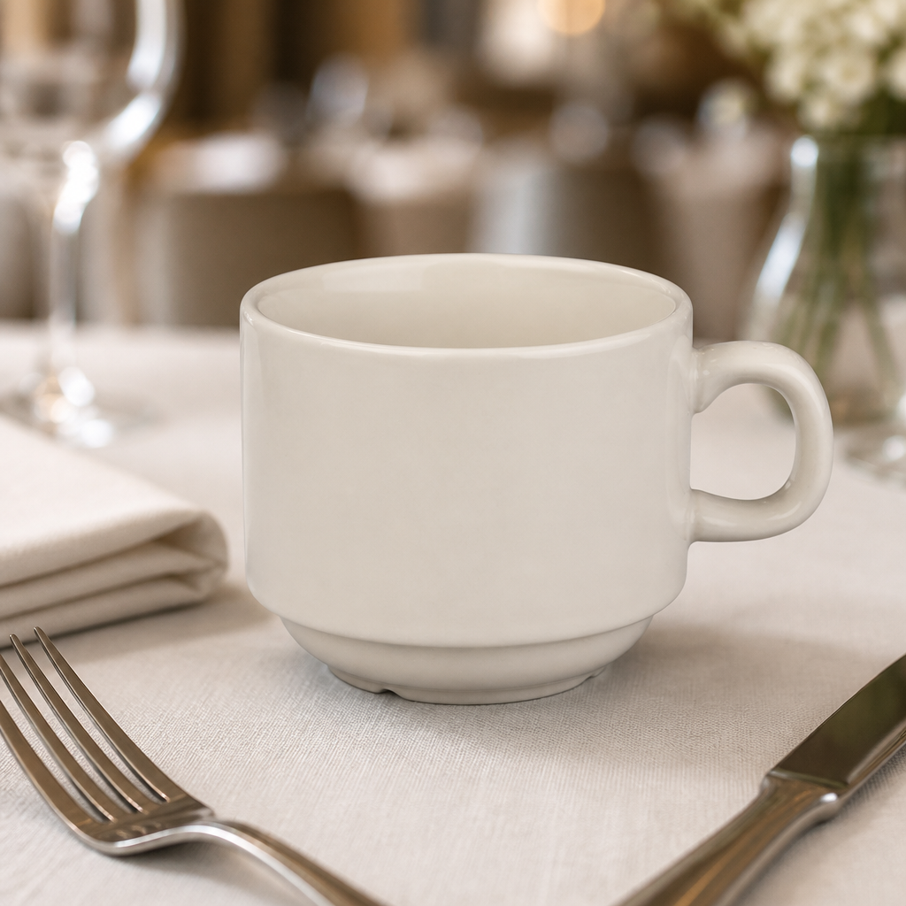 Set of 12 ivory porcelain stacking tea cups 206ml
