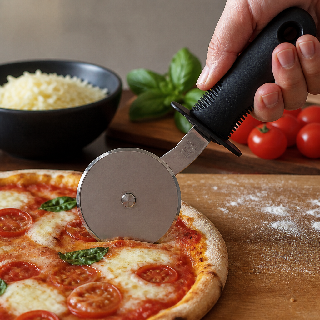 Commercial pizza wheel with stainless steel blade and comfort grip