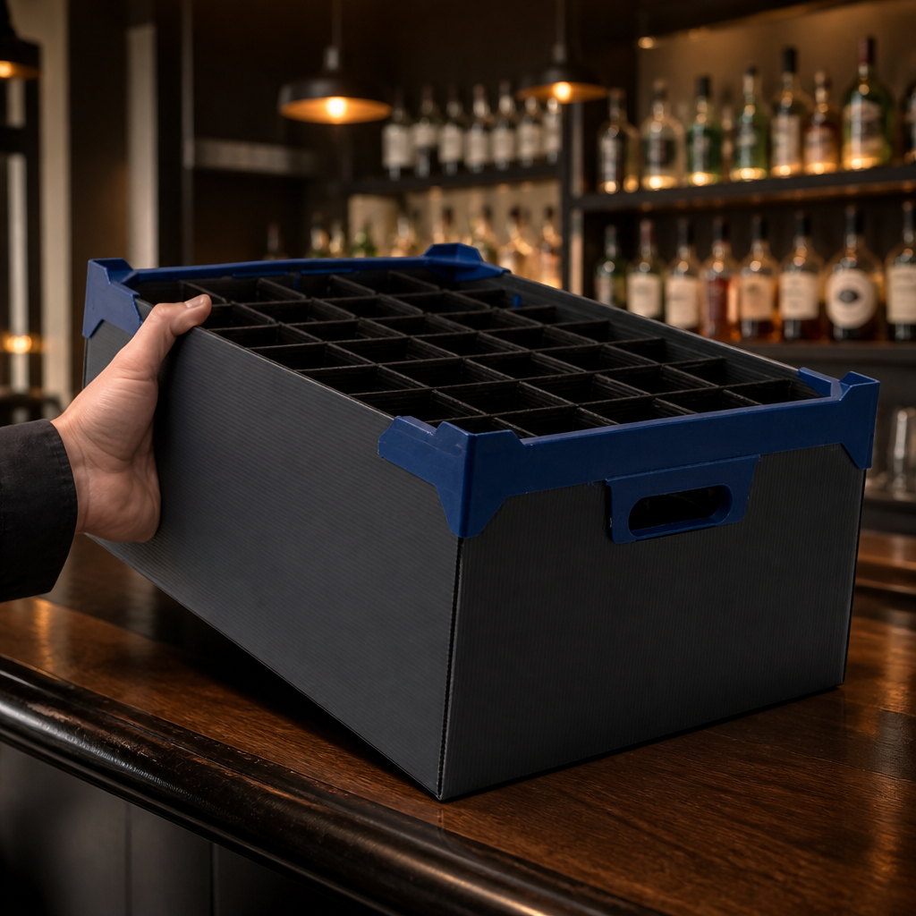 Commercial glass storage carry box for 35 champagne flutes
