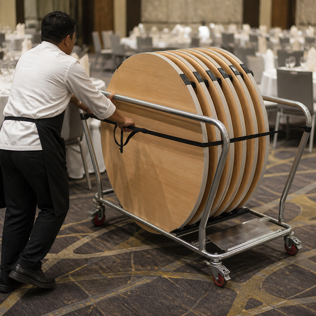 Commercial Round Table Trolley for 6 Tables Storage and Transport