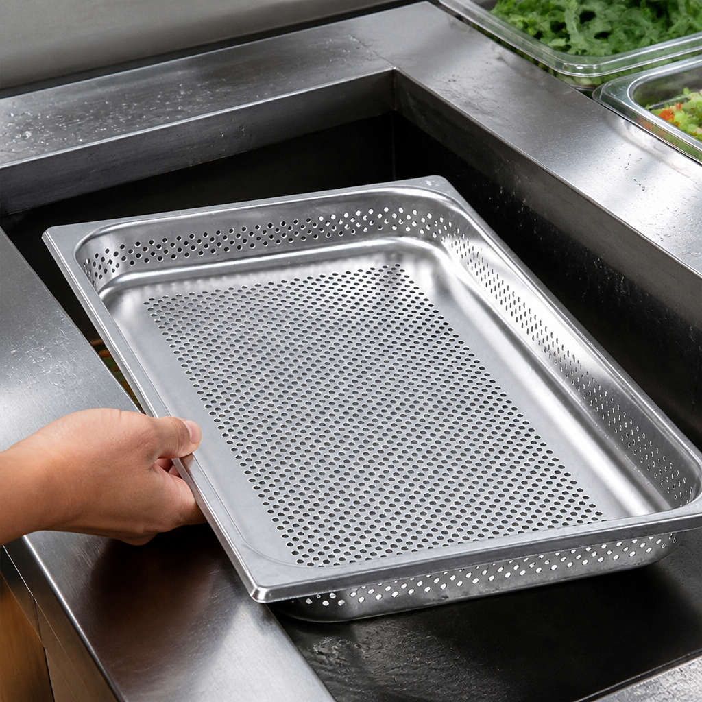 Commercial stainless steel perforated container 325x530mm