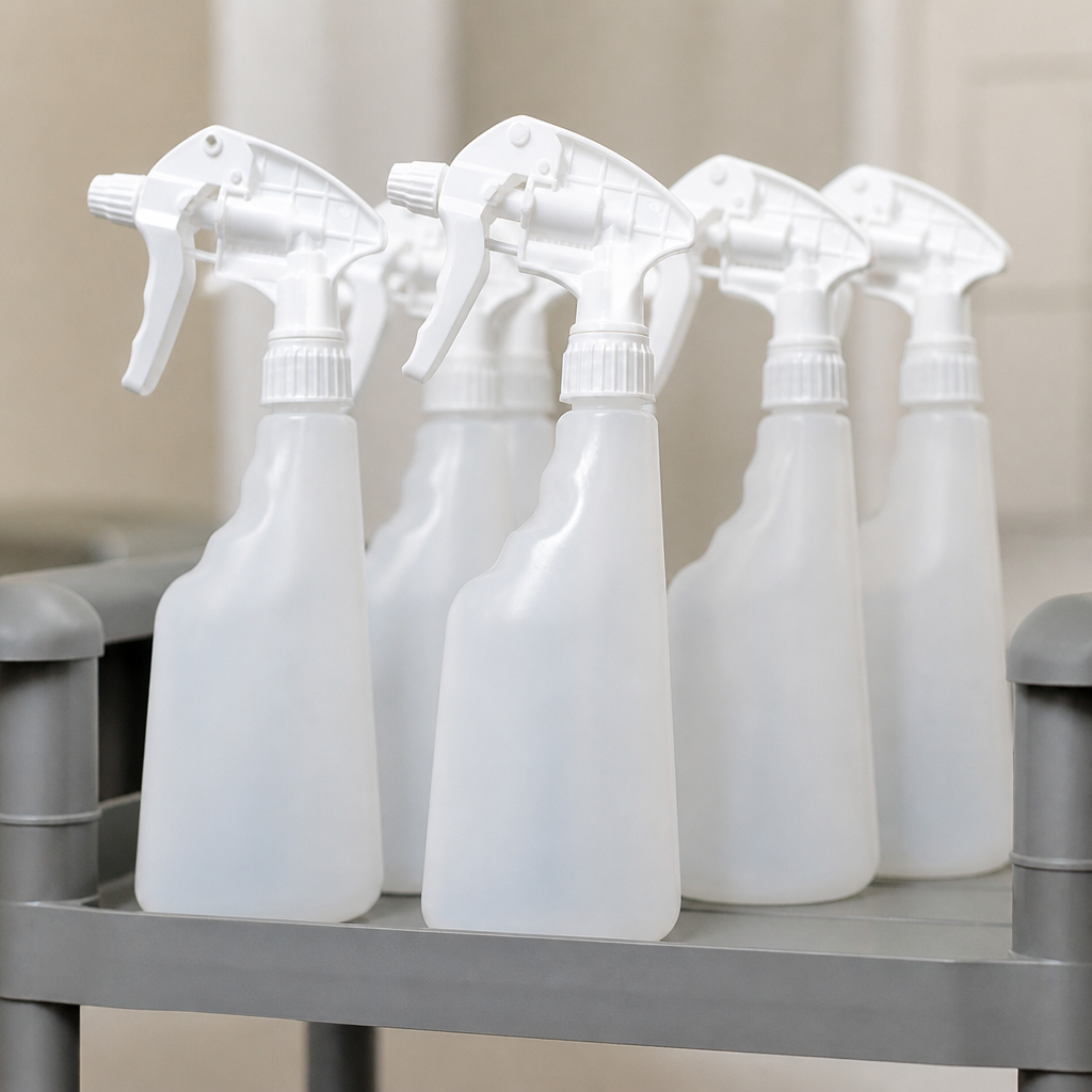 6 pack of commercial refillable spray bottles with adjustable triggers