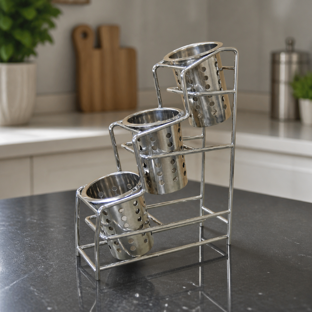 Chrome Plated Cutlery Storage Stand for Three Pots