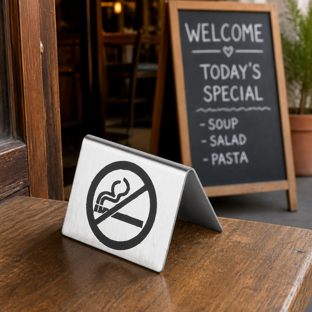 Brushed Steel No Smoking Table Sign for indoor and outdoor use