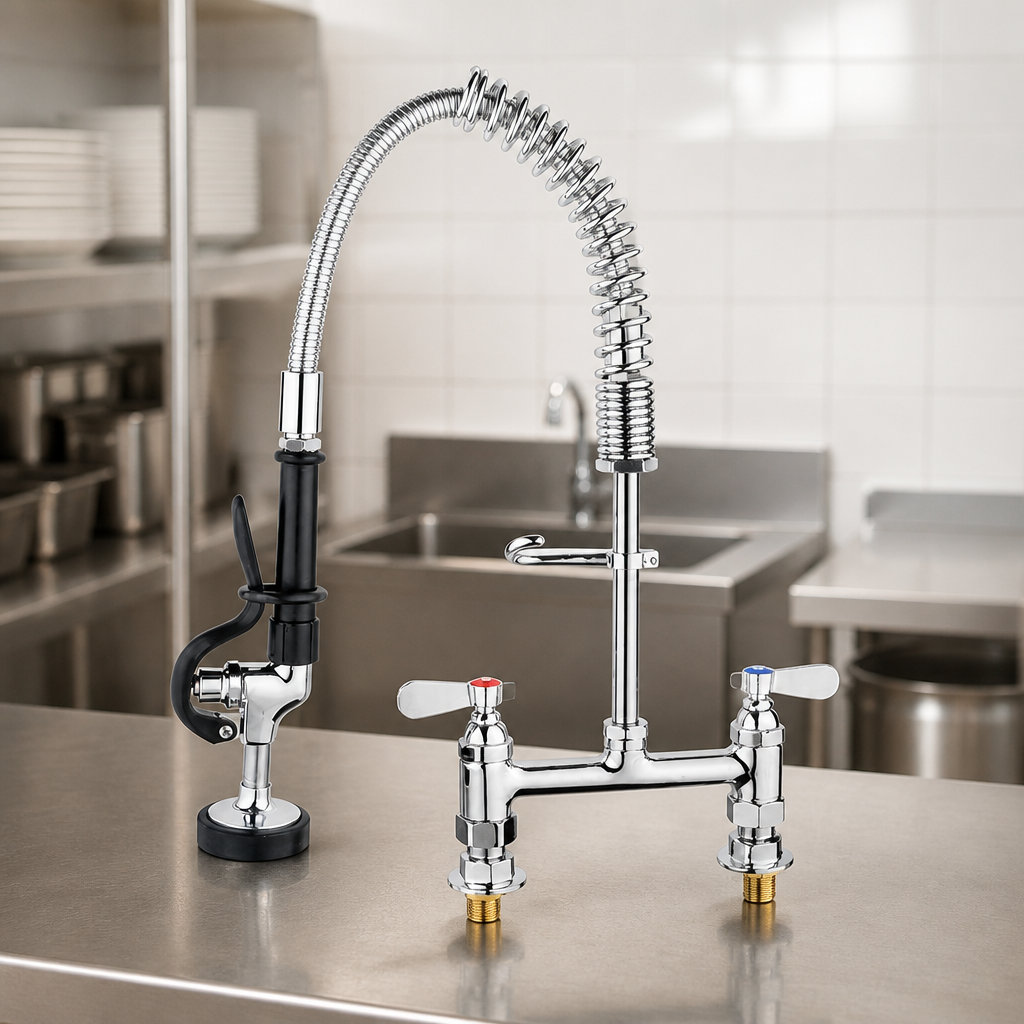Commercial Twin Pedestal Mini Pre-Rinsers with Flexible Hose