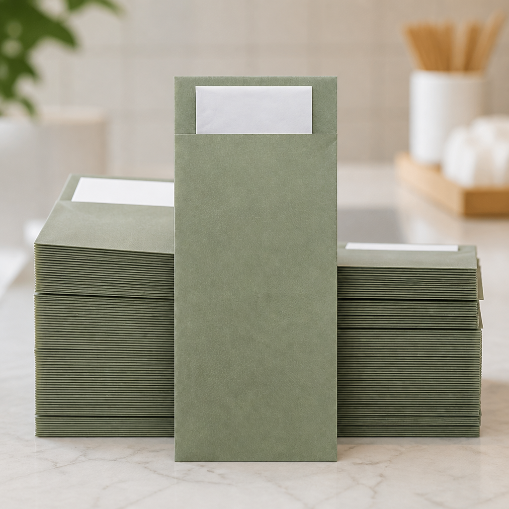 Commercial cutlery pouches with napkin in green, 500 pack